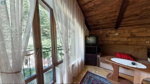 a room with a window and a table and a tv at Chalet Vedmezhe in Polyana