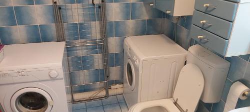 a bathroom with a washing machine and a toilet at Apartman Ljubica in Daruvar