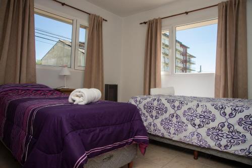 een slaapkamer met een kat die op een bed slaapt bij DEPARTAMENTO CÉNTRICO CON VISTA AL LAGO in Bariloche