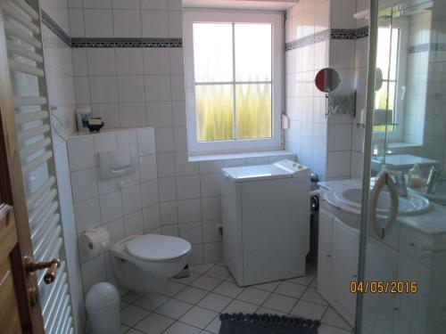 a bathroom with a toilet and a sink and a window at Ferienwohnung-Gelb in Schönberger Strand