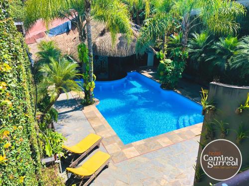 an overhead view of a swimming pool with two yellow chairs at Hotel Camino Surreal Xilitla in Xilitla