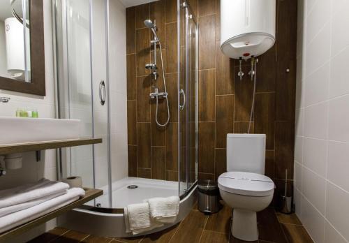 a bathroom with a shower and a toilet and a sink at Forrest Park&Resort in Orlovshchina