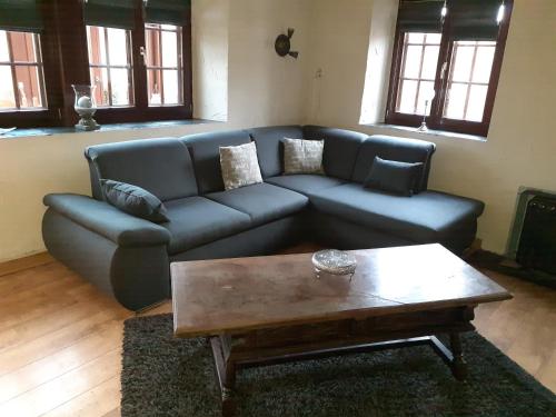 Sala de estar con sofá azul y mesa de centro en Gîte al fontaine, en La-Roche-en-Ardenne