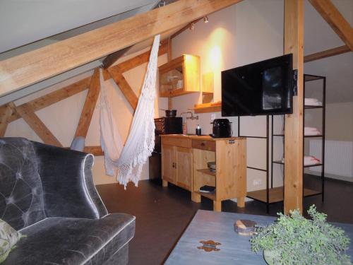 een woonkamer met een bank en een flatscreen-tv bij B&B De BonAparte in Heemskerk