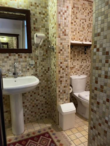 a bathroom with a sink and a toilet and a mirror at Hotel Mangalemi in Berat