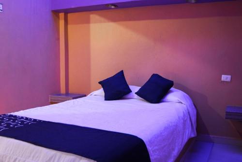 a bedroom with a bed with two blue pillows on it at Hotel Oasis in Monterrey