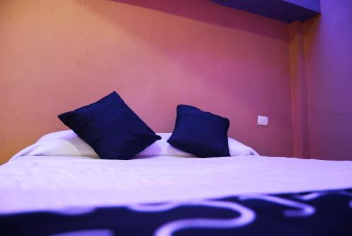a bed with two blue pillows on top of it at Hotel Oasis in Monterrey