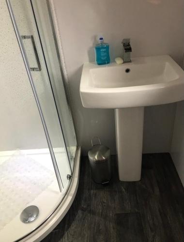 a bathroom with a sink and a shower and a sink at Four waves in Thurso
