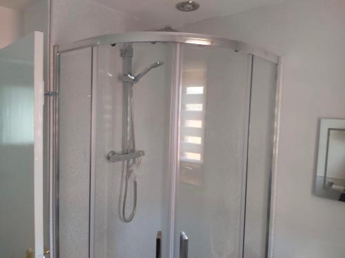 a shower with a glass door in a bathroom at Four waves in Thurso