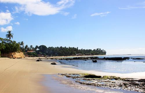 a beach with rocks in the water and palm trees at Eco Pousada Paraíso dos Coqueirais in Japaratinga
