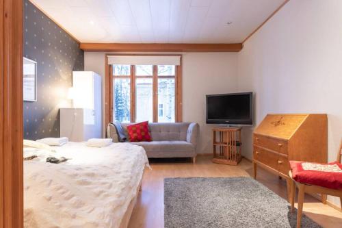a living room with a bed and a tv at Cozy 1 Br Apt and Free parking by the Railway station in Oulu