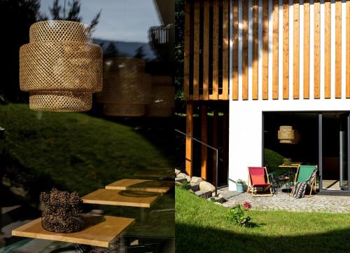 two pictures of a backyard with a table and a chair at DOM GÓRY LAS - ADULTS - w kameralnej okolicy centrum Karpacza in Karpacz
