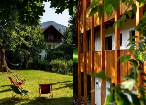 two views of a yard with a house and chairs at DOM GÓRY LAS - ADULTS - w kameralnej okolicy centrum Karpacza in Karpacz