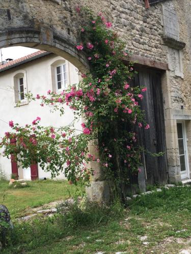 a bush of pink roses growing on the side of a building at La Grange aux dames in Geville