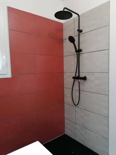 La salle de bains est pourvue d'une douche avec du carrelage rouge et blanc. dans l'établissement Les Villas Dorées - Villa Métal face au Mont Ventoux, à Plaisians