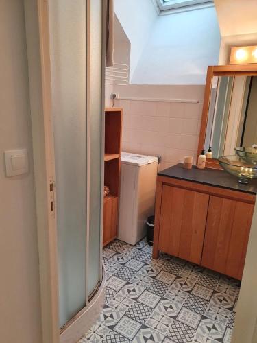 a small bathroom with a sink and a mirror at Vue sur le port de Dinan in Dinan