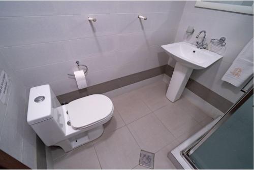 a white bathroom with a toilet and a sink at svaneti apartment's in Mestia