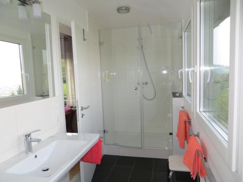 a white bathroom with a shower and a sink at Gästehaus-Weingut Loersch in Leiwen