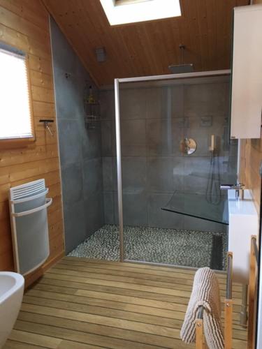 a bathroom with a shower with a glass door at Le Chalet de la Devinière, bain nordique extérieur chauffé in Xonrupt-Longemer