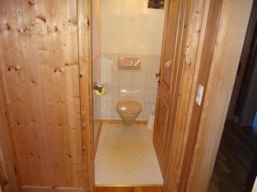 a bathroom with a toilet and a wooden door at Haus Sonnegg in Fieberbrunn