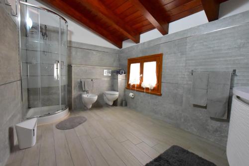 een badkamer met een douche, een toilet en een wastafel bij B&B La Genuina in Guspini