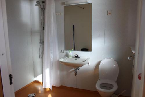 a bathroom with a toilet and a sink and a mirror at Camp Åpta in Farsund