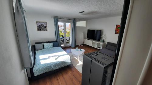 a living room with a bed and a television at Appartement Le 18 in Ependes