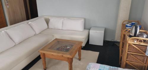 a living room with a white couch and a table at Penzion Tomy Pihlov in Horní Planá