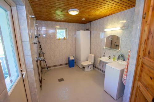 Un baño con lavabo, inodoro y ducha. en Villa Rentola, en Pääjärvi