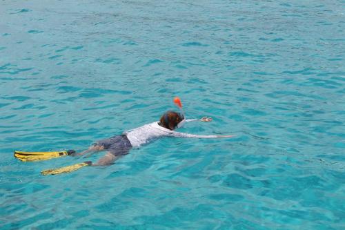 a person in the water playing with a frisbee at HOMELAND SWAHILI LODGE Nungwi Backpacker Apartments BUDGET in Nungwi