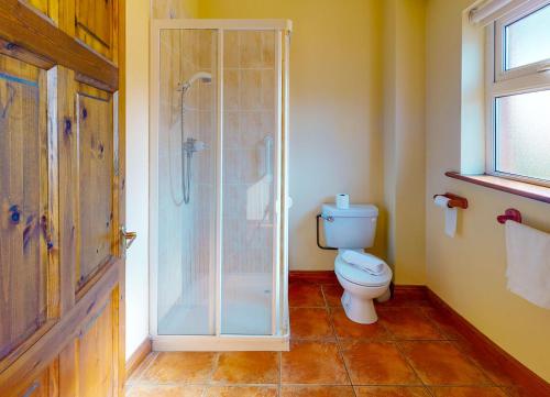 a bathroom with a toilet and a glass shower at Seacliff HH No 8 in Dunmore East