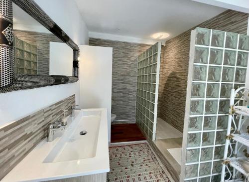 a bathroom with a sink and a mirror at B&B Villa Ganesh in Le Rouret