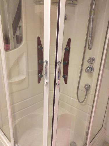 a shower stall with a glass door and a shower at LA PETITE MAISON DU SABOT in Langonnet