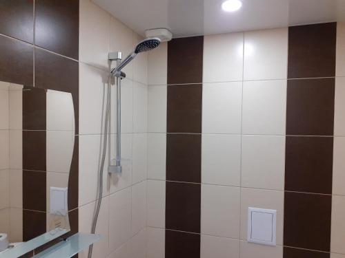 a shower with a shower head in a bathroom at Къща за гости Смокиня in Obzor