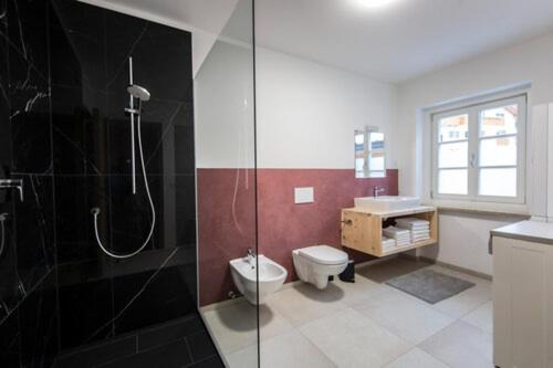 巴迪亞的住宿－vedla posta，带淋浴、卫生间和盥洗盆的浴室