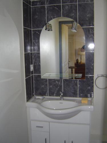 une salle de bain avec un lavabo et un miroir dans l'établissement Gîte Paul et Rosalia, à Manneville-la-Raoult