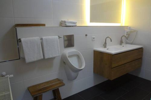 a bathroom with a urinal and a sink and a toilet at Charmante rustikale Jägersuite mit el Kamin H2O Therme Oberhof in Oberhof