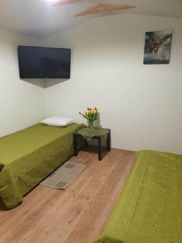 a room with two beds and a tv on the wall at AUSMAS in Strenči