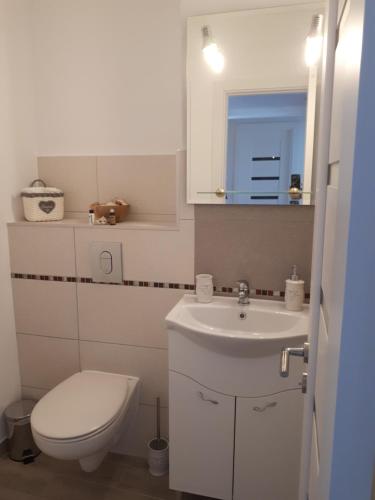 a white bathroom with a toilet and a sink at Angel Residence in Sibiu