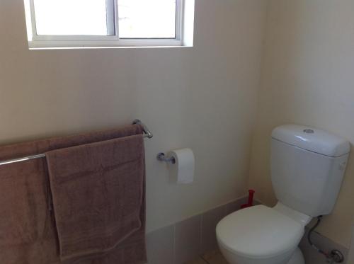 a bathroom with a toilet and a window and a towel at The Cook Cottage in Canberra