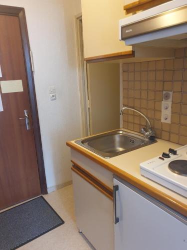 une petite cuisine avec un évier et une cuisinière dans l'établissement Résidence belle hutte coté pistes de ski, à La Bresse