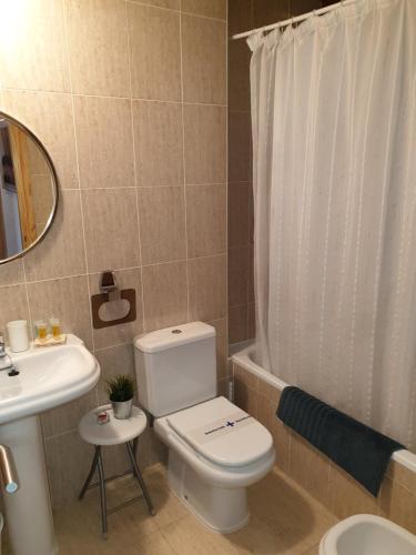 La salle de bains est pourvue de toilettes, d'un lavabo et d'une baignoire. dans l'établissement Apartamento Diezcapanas, à Villanúa