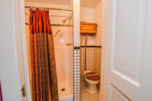 a bathroom with a shower and a toilet at Irma Hotel in Cody