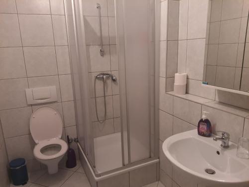 a bathroom with a shower and a toilet and a sink at Hotel Neue Krone in Markt Erlbach