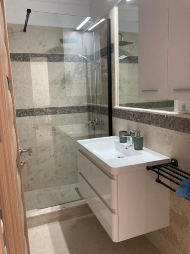 a bathroom with a sink and a glass shower at Sarah Morningstar in Năvodari