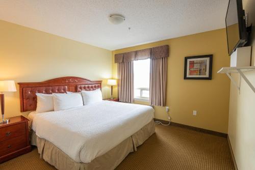 a hotel room with a bed and a window at Days Inn by Wyndham Bonnyville in Bonnyville