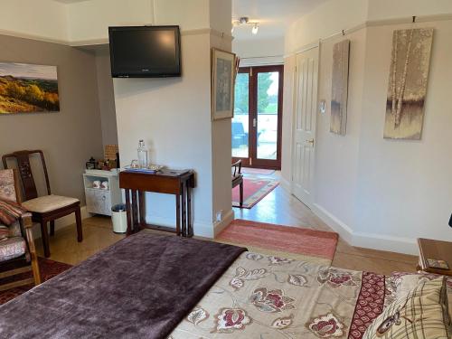 a living room with a bed and a tv on the wall at Orchard Side Bed and Breakfast in Great Malvern