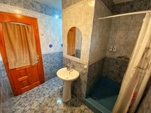 a bathroom with a sink and a shower at Vila Nei in Lugoj
