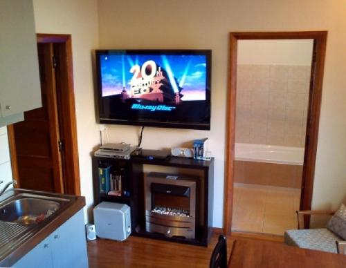 a living room with a flat screen tv on the wall at The Tuai Suite Waikaremoana in Tuai