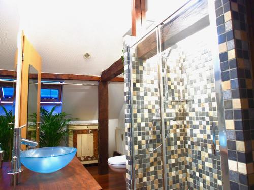 La salle de bains est pourvue d'un lavabo et d'une douche en verre. dans l'établissement La Maison de Caroline, à Westhoffen